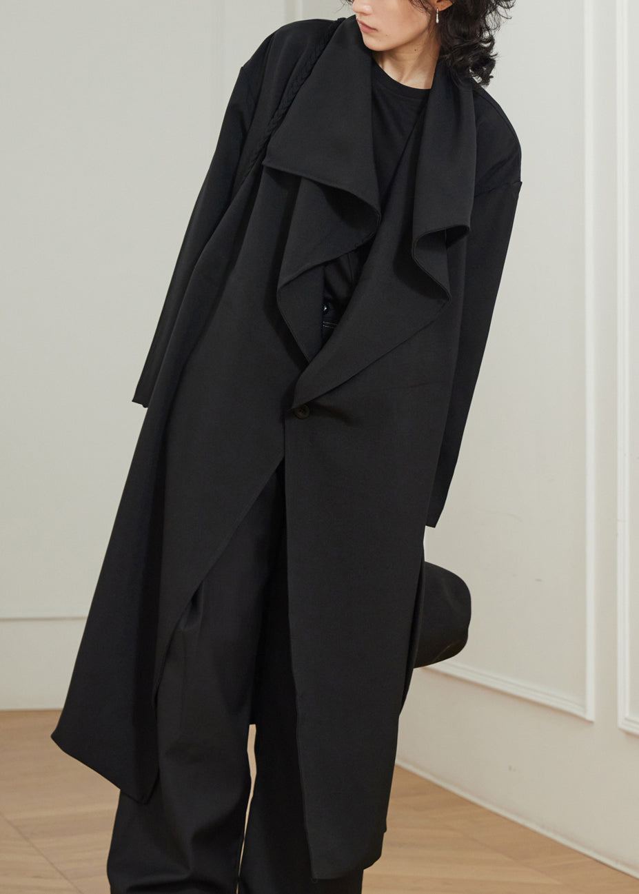 Stylish Black Peter Pan Collar Pockets Maxi Trench Coats Fall
