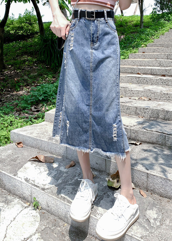 Modern Light Blue Patchwork Ripped a Line Denim Skirt