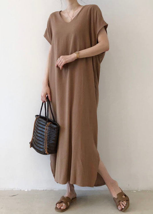 Coffee Side Open Cotton Short Sleeve Long Dresses