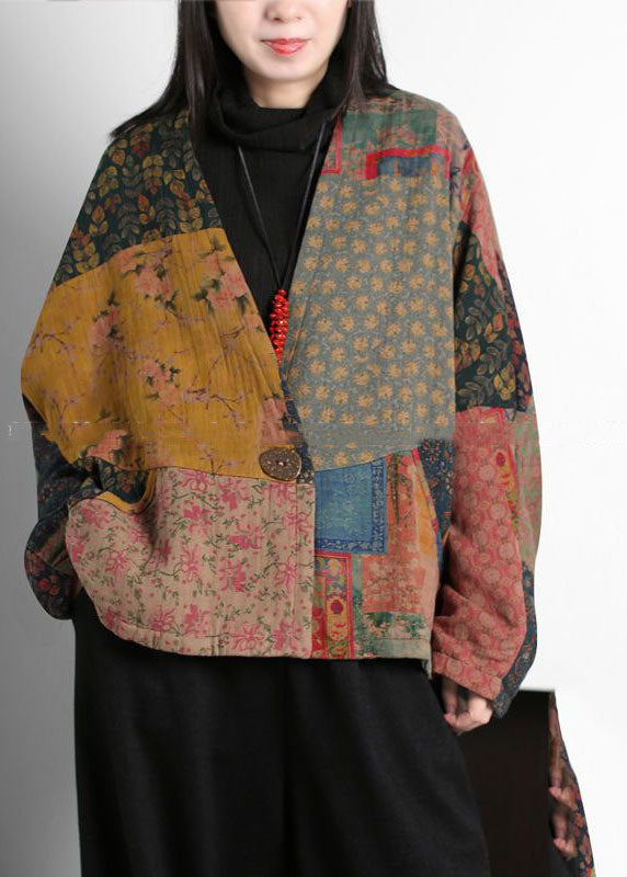 Colorblock V Neck Patchwork Print Fine Cotton Filled Coats Batwing Sleeve