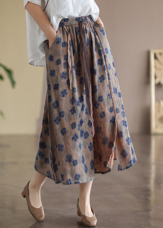 Khaki Elastic Waist Print Linen Skirts Summer