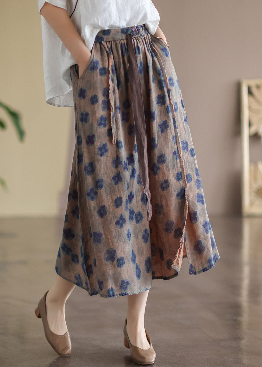 Red Geometry Elastic Waist Print Linen Skirts Summer