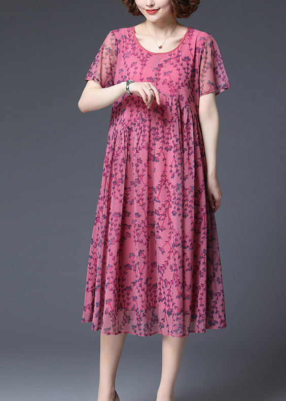Rose Wrinkled Chiffon Vacation Dress Short Sleeve