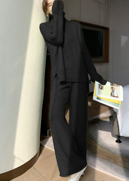 French Apricot Hign Neck Tops and Pants Knit Two Pieces Set Autumn