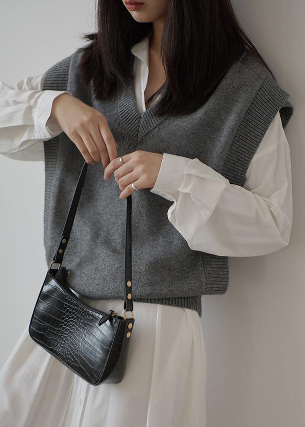 Oversized Gray Knit Tops Oversized V Neck Sleeveless Tops