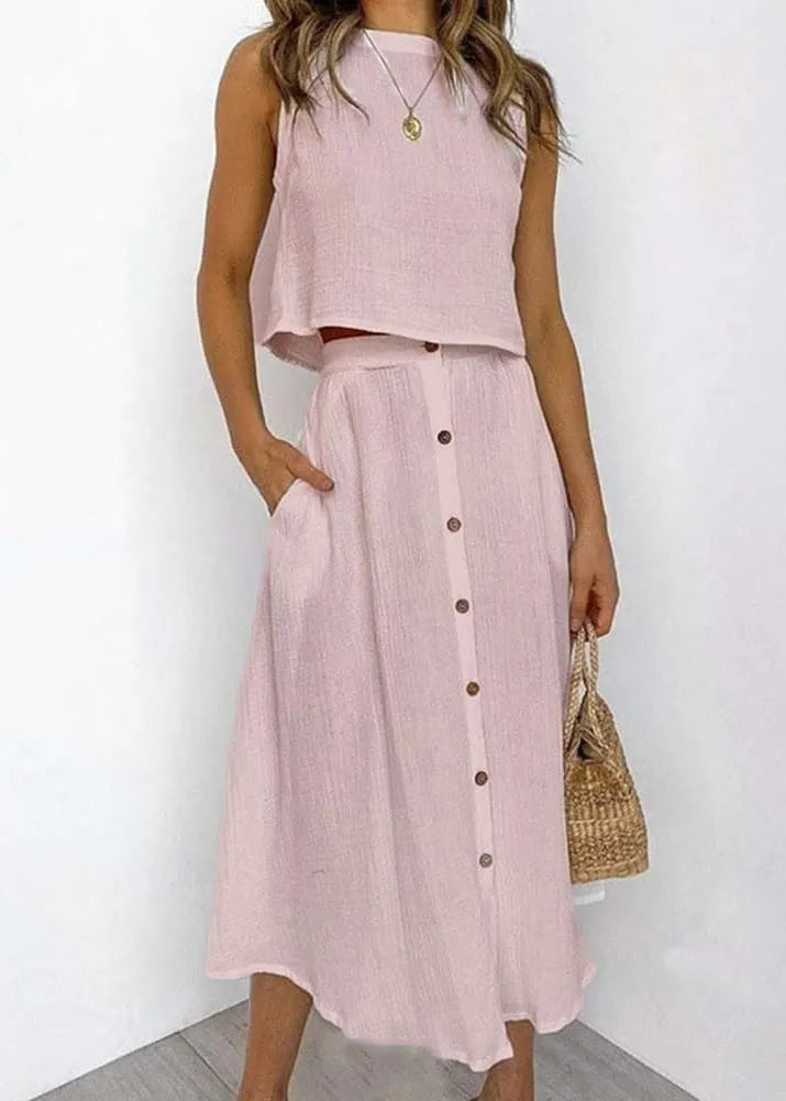 Brief Blue O-neck Top and Maxi Skirts Two Piece Set Summer