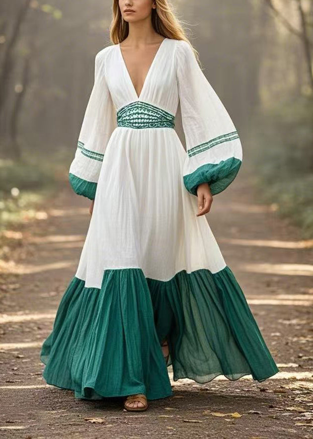 White V Neck Patchwork Exra Large Hem Dresses Lantern Sleeve
