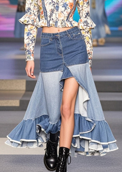 Blue Ruffles Patchwork Side Open Denim Skirts Spring