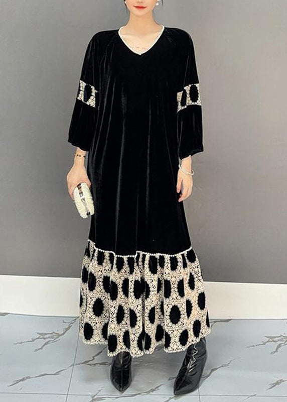 Black V Neck Patchwork Holiday Long Dress Fall