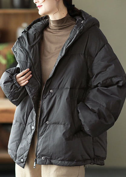 Khaki Hooded Zippered Pockets Loose Winter Down Coat