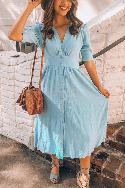 Vacation Button Knot Sleeve Dress