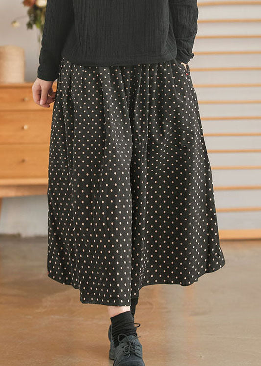 Retro Black Elastic Waist Pockets Dot Print Skirt Spring