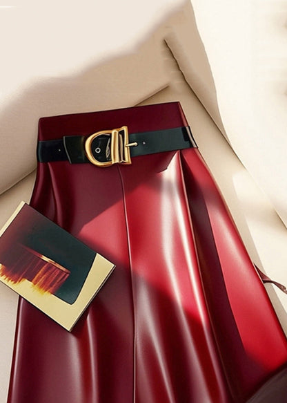 Stylish Red Sashes High Waist Faux Leather Skirts Winter