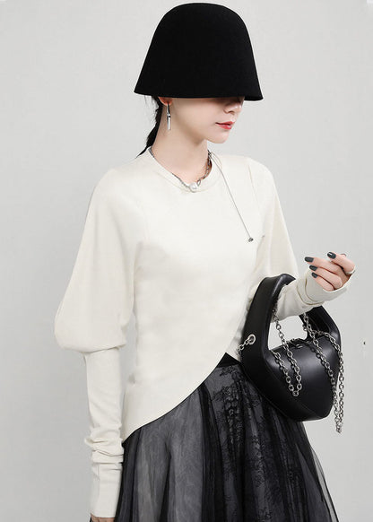 Unique Beige Asymmetrical Cross Color Cotton Pullover Tops Fall