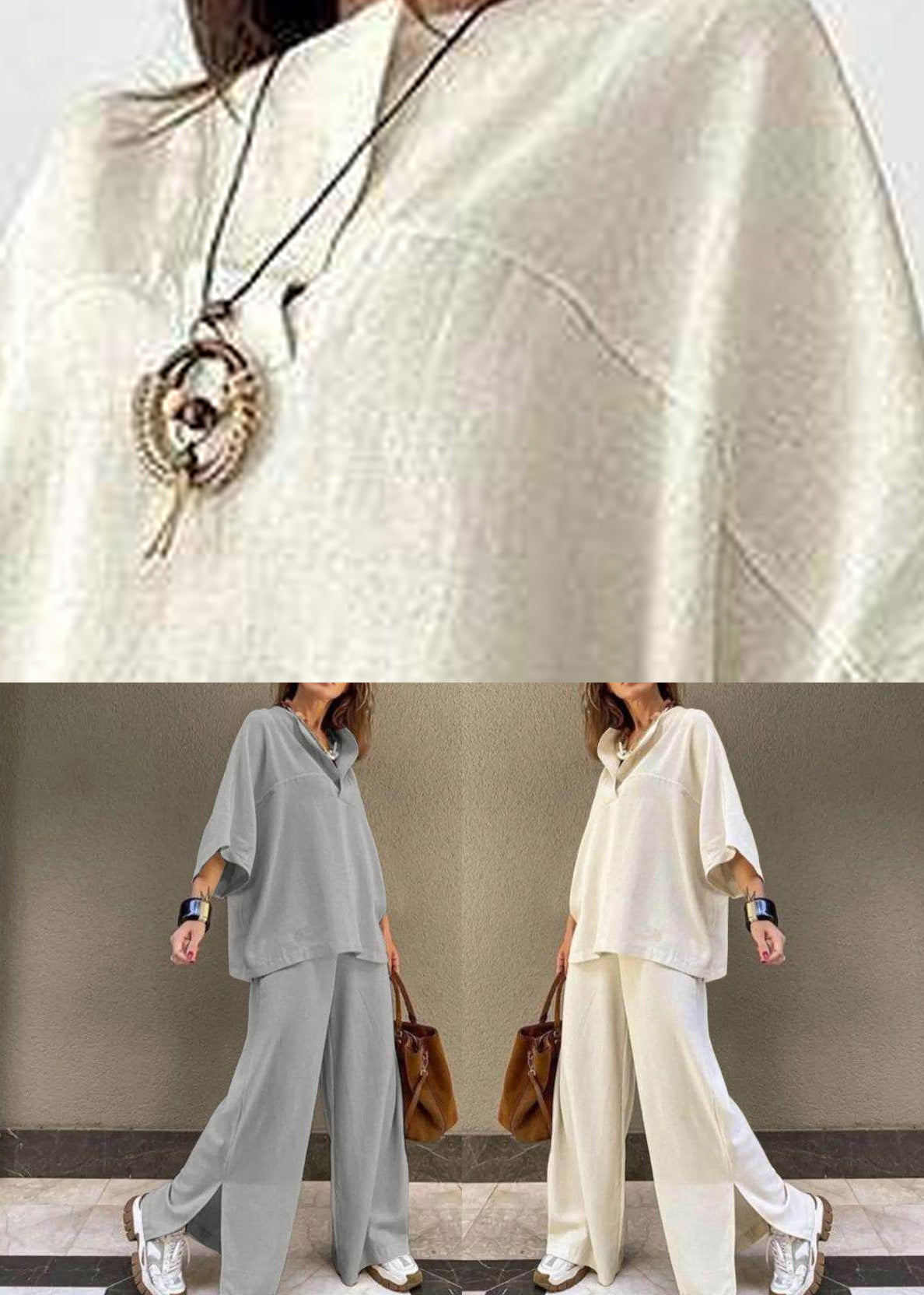 Art White O-neck Patchwork Top and Wide Leg Pants Two Pieces Set Fall
