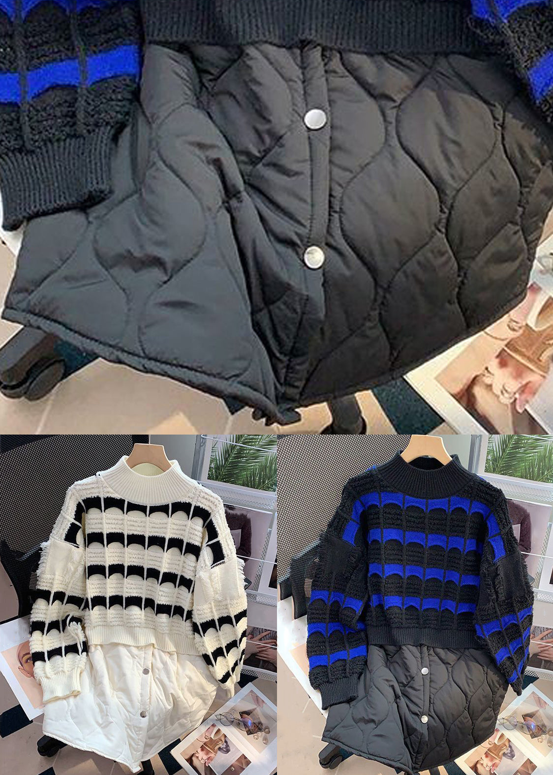 Beige Striped Patchwork Knit Mid Tops Long Sleeve