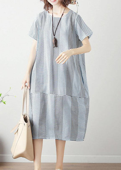100% Light Blue Striped Cotton Long Shirts Patchwork Dresses Summer Dresses