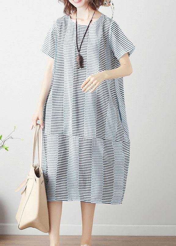100% Light Blue Striped Cotton Long Shirts Patchwork Dresses Summer Dresses