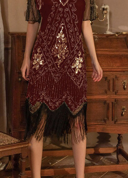 Stylish Mulberry V Neck Tasseled Sequins Long Dress Summer