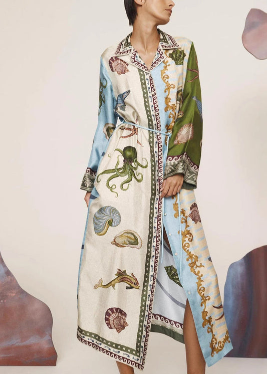 Apricot Peter Pan Collar Print Button Long Shirts Dress Fall