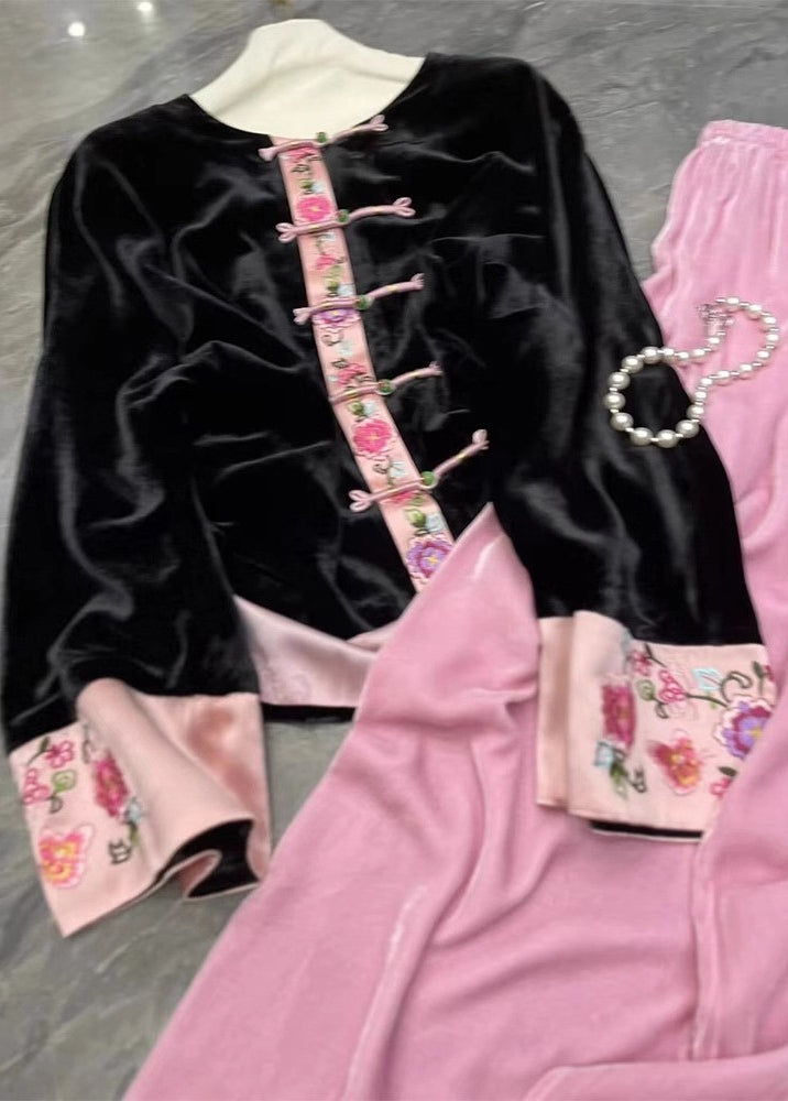 Chinese Style Black Tops and Pink Pants Silk Velour Two Pieces Set Fall