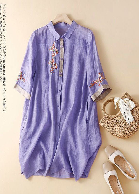 Pink Embroidered Patchwork Linen Shirt Dress Summer
