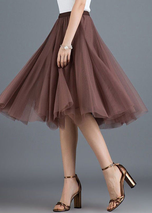 Brown High Waist Exra Large Hem Tulle Pleated Skirt Spring