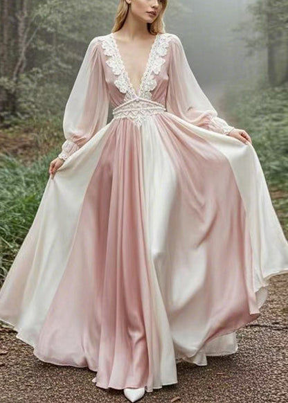 Pink V Neck High Waist Patchwork Maxi Dress Spring