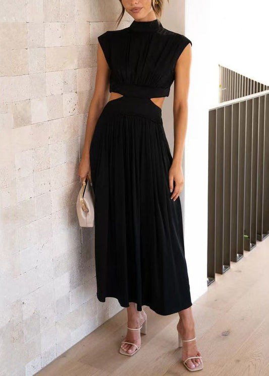 Black Pockets Cotton Summer Long Dresses Hollow Out