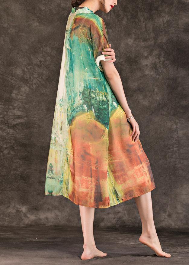 Green Print Linen Clothes for V Neck Patchwork Maxi Summer Dresses