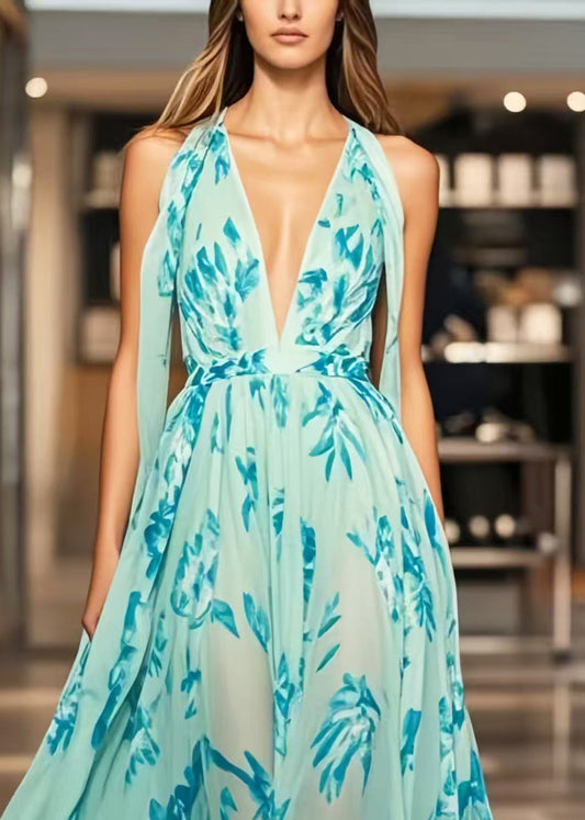 Light Blue Print Exra Large Hem Chiffon Sundress Summer