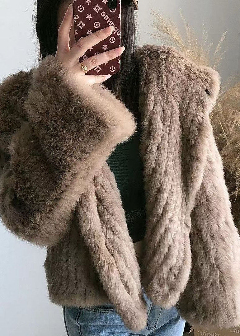 Coffee Hooded Color Rabbit Hair Knit Jacket Winter