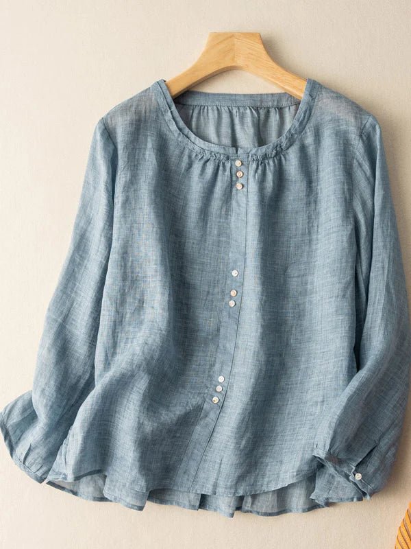 Pure Color Crew Neck Long Sleeve Linen Top