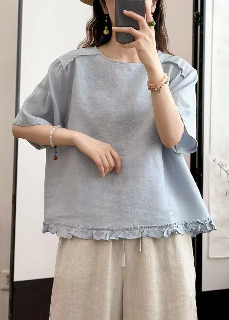 Navy Button Linen Blouse Tops O Neck Summer