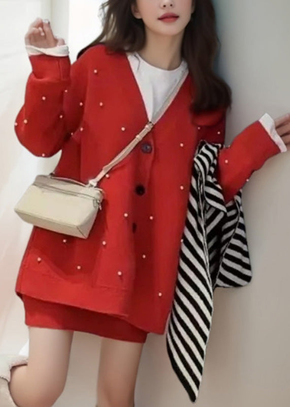 Red V Neck Nail Bead Cotton Knit Cardigan and Skirts Two Pieces Set Spring