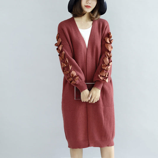 Brick Red Knit Cardigans Oversized Sweater Coats Decorated Sleeves