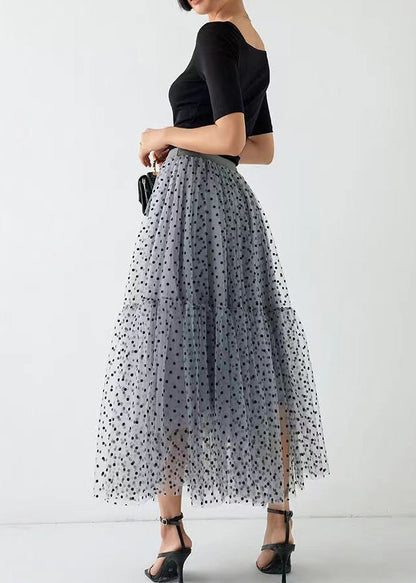 Grey Dot Wrinkled Patchwork Elastic Waist Tulle Skirt Spring