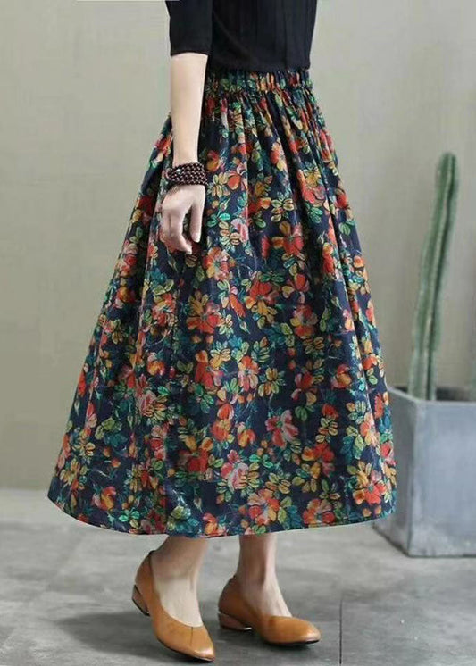 Red Elastic Waist Print Cotton Skirts Spring