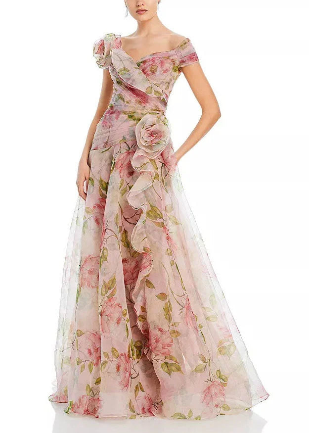 Wedding Pink Ruffled Print Organza Long Dress Summer