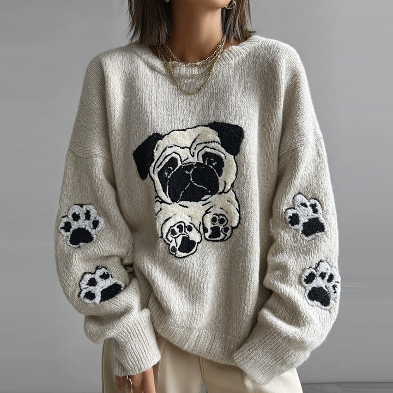 Lovely Cute Pug And Paws Embroidery Art Loose Cozy Knit Sweater artswardrobe