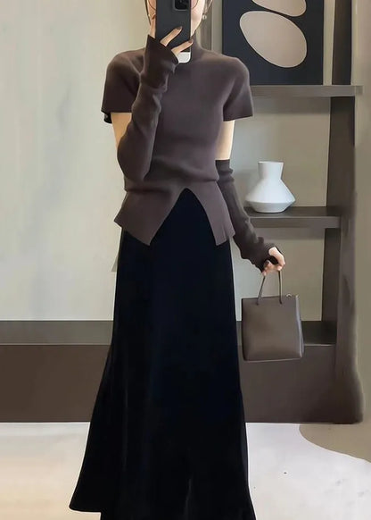 Simple Apricot Side Open Tops and Brown Skirts Knit Two Pieces Set Spring
