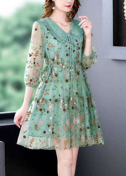 Unique Green Embroidered Ruffled Hollow Out Organza Cinch Dress Bracelet Sleeve