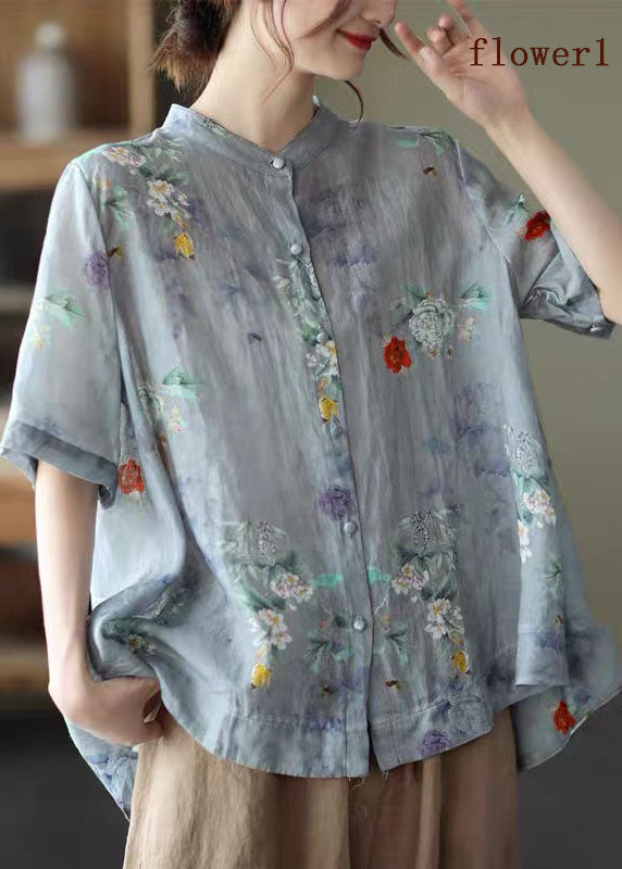 Blue Stand Collar Print Tops Half Sleeve
