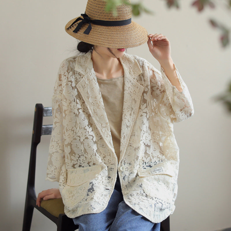 Loose Lace Embroidered Suit Collar Slim Coat