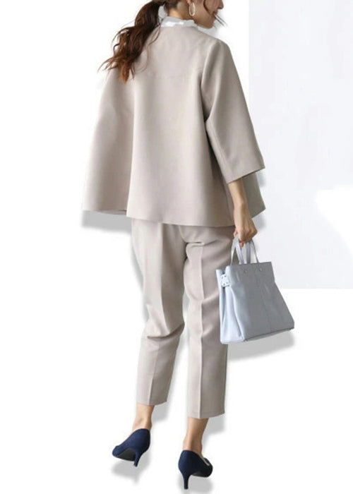 French Khaki O Neck Tops and Crop Pants Spandex Two Piece Set Bracelet Sleeve