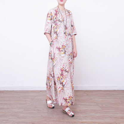 Stylish Prints Linen Maxi Dress Oversized O Neck Traveling Clothing New Half Sleeve Maxi Dresses