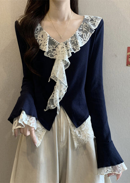 Navy V Neck Lace Patchwork Cotton T Shirts Flare Sleeve