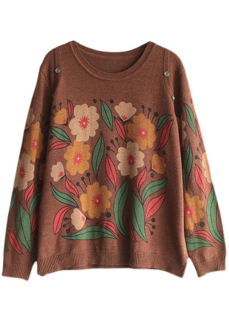 Italian Khaki O-neck Print Button Fall Sweater