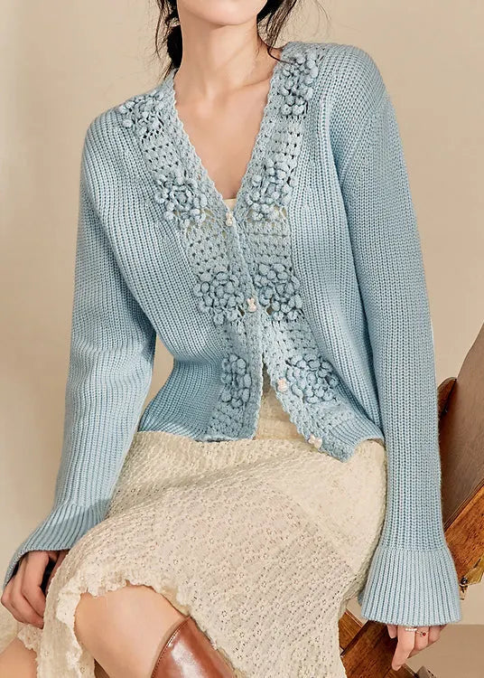 French Blue Button Hollow Out Knit Sweaters Flare Sleeve