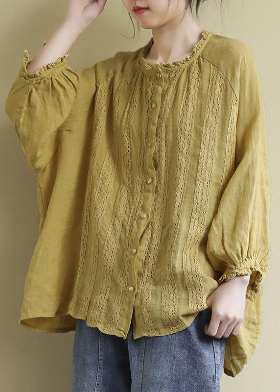 Yellow Button Embroidered Linen Shirts Long Sleeve